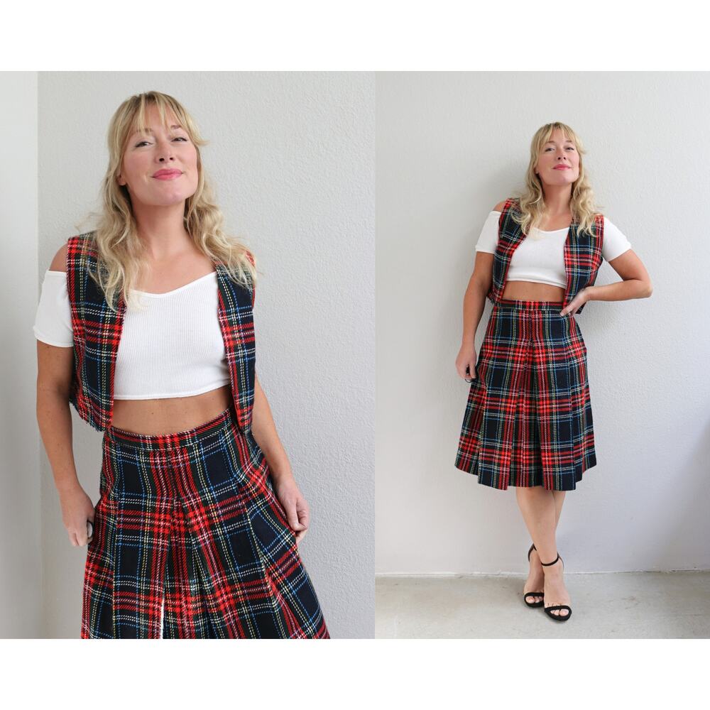 1960's Vintage Tartan Plaid Skirt & Vest Set Women's XS SM Scottish Pleat Skirt